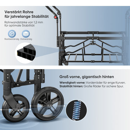 Sekey Handcart, Foldable Handcart with Roof, Handcart with XXL PU Wheels, Suspension & Ball Bearings, Padded & Comfortable, Push And Pull Handle