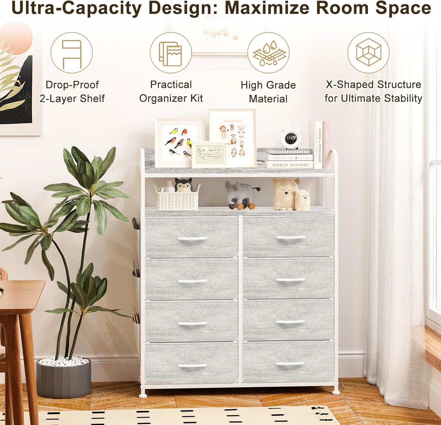 Ladekast – Dressoir – Opbergkast – Nachtkastje – Kast met 8 Stoffen Lades – 2-laags Houten Planken – Robuust Metalen Frame – White Oak