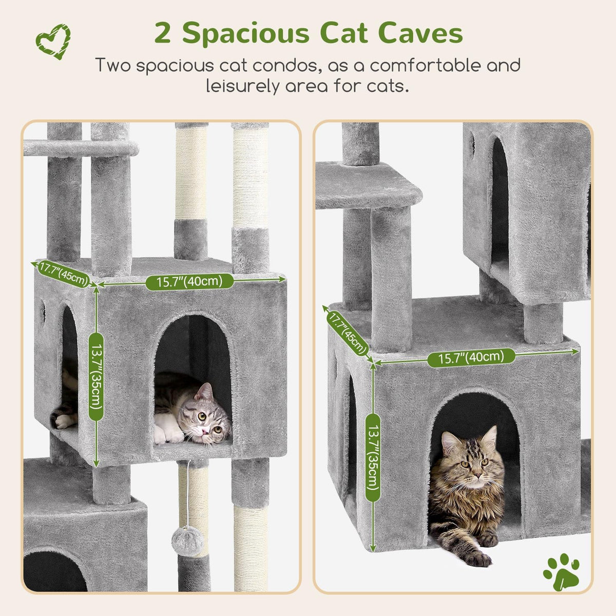 Kattenboom – Krabpaal – Kattentoren – Speelboom – Krabtoren – Lichtgrijs – Grote Basis 72x45 cm – 2 Luxe Kattenholen 45x40x35 cm