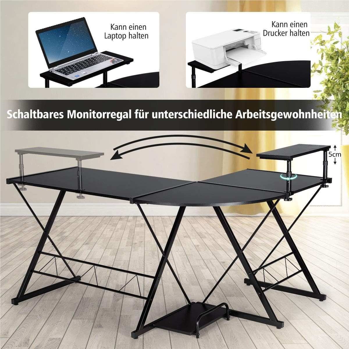 Computertafel – Hoekbureau – Bureaumeubel – Werkplektafel – L-vormig Bureau – Houten Tafelblad – Verstelbare Poten – Met Monitorstandaard en Opbergrek