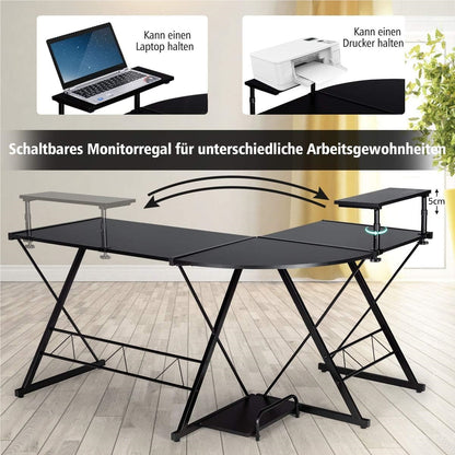 Computertafel – Hoekbureau – Bureaumeubel – Werkplektafel – L-vormig Bureau – Houten Tafelblad – Verstelbare Poten – Met Monitorstandaard en Opbergrek