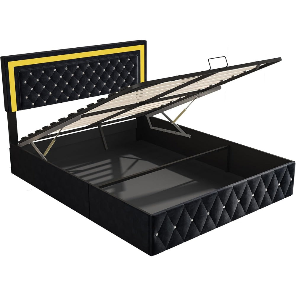 Opbergbed – Opbergboxspring – Slaapbank – Tweepersoonsbed – Gestoffeerd Bed – 180x200 cm – Hydraulisch Opklapbaar – LED-Verlichting