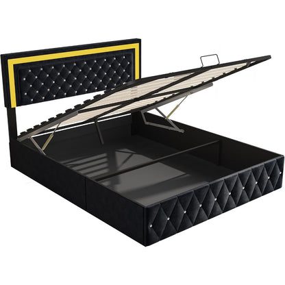 Opbergbed – Opbergboxspring – Slaapbank – Tweepersoonsbed – Gestoffeerd Bed – 180x200 cm – Hydraulisch Opklapbaar – LED-Verlichting