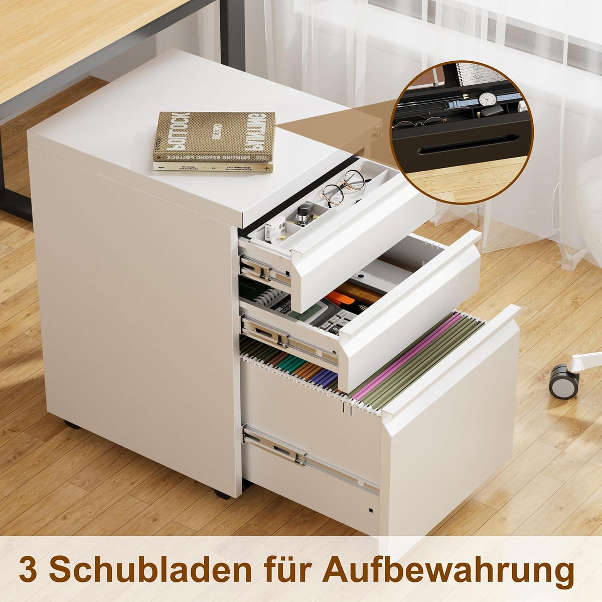 Archiefkast met 3 laden en slot, wit, OFC231W01