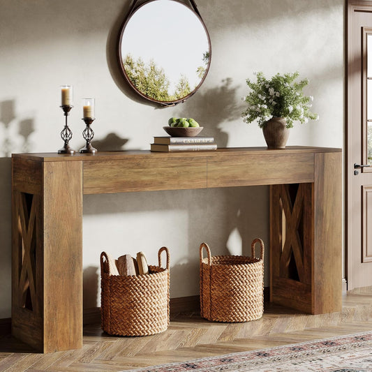 Tribesigns Console Table with Drawers, 160 cm, Extra Long Entrance Table, Wooden Hall Table Behind the Sofa, Narrow Side Table, Slim Coffee Table for Entrance, Hallway, Living Room, Dark Brown