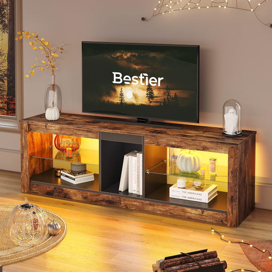 Bestier 140cm tv-standaard, tv-tafel voor tv's van 65 inch en kleiner met RGB LED-verlichting, 3 stopcontacten en 2 USB-oplaadpoorten