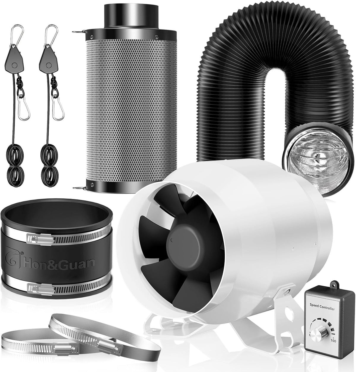 Afvoerluchtset – Ventilatieset – Buisventilator – Koolstoffilterset – Afzuigset – 100 mm Met Toerentalregelaar – EC-Motor – Tot 360 m³/u
