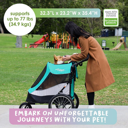 Petique Trailblazer Jogger Hondenwagen voor middelgrote honden & katten, luchtbanden, verstelbare handgreep, Pee Pad, 3 lijnen, regenhoes, fietsadapter - Kleur: Neptune