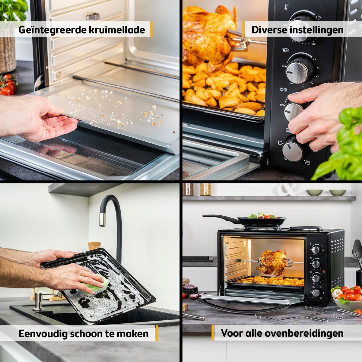 TZS First Austria - Minibakoven met kookplaten 30L 3200 W - Mini oven pizzaoven met kookplaten tot 230°C & 6 verwarmingsmodi - Minioven combi-apparaat met 4 inschuifhoogtes & hoogwaardig toebehoren