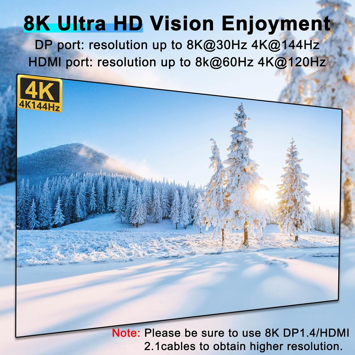 YOUTINGHD KVM Switch 4 PC 3 Monitoren 8K @60Hz 4K @144Hz, USB 3.0 Triple Monitor 2x DisplayPort 1.4 + HDMI 2.1 Muistoetsenbord, Bedrade Afstandsbediening en Power