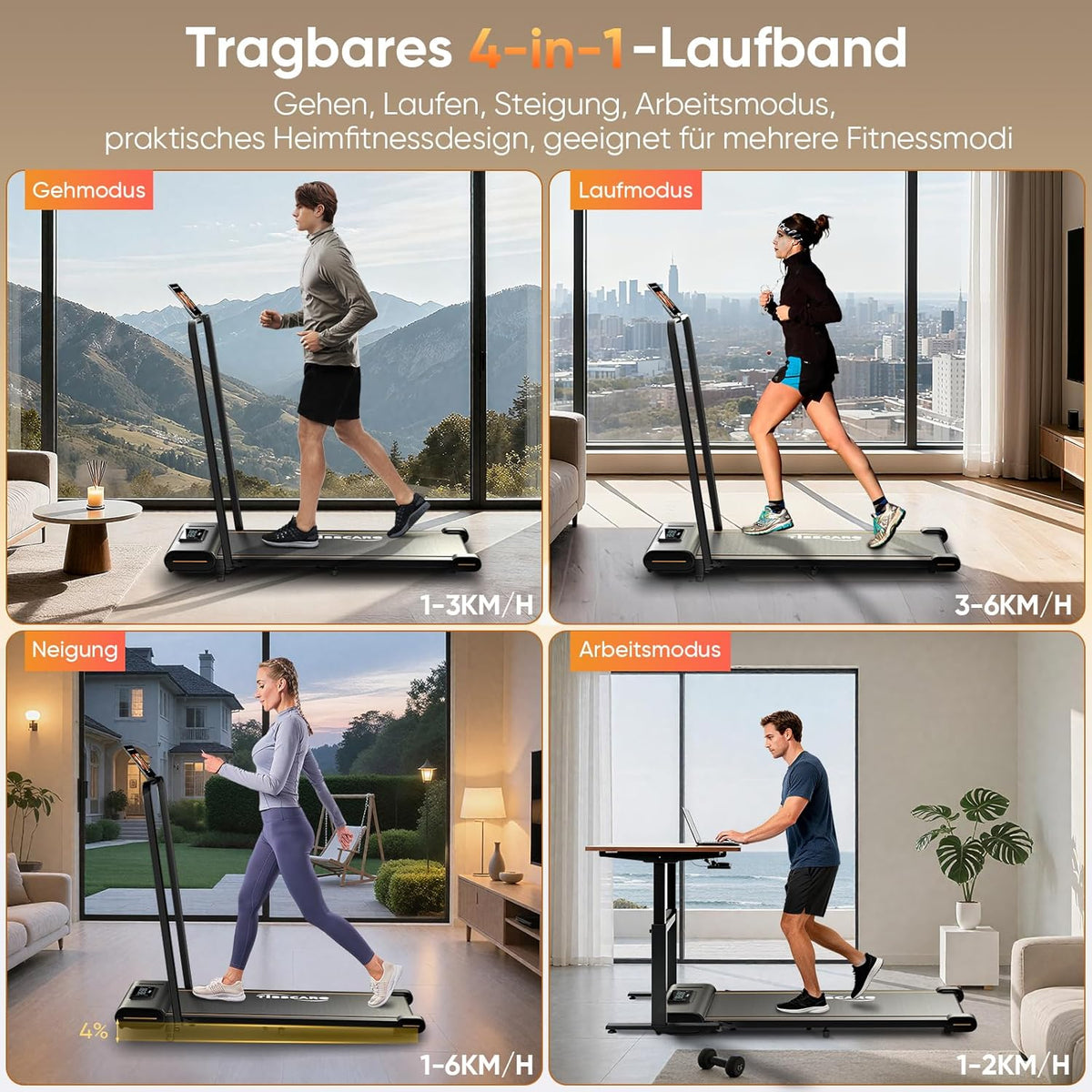 TISSCARE Treadmill for home and office, quiet walking path with improved tread 141.5 cm and 55.5 cm, 4% inclination function, 1-6 km/h, LED display, 130 kg load capacity, foldable treadmill with - QUORE