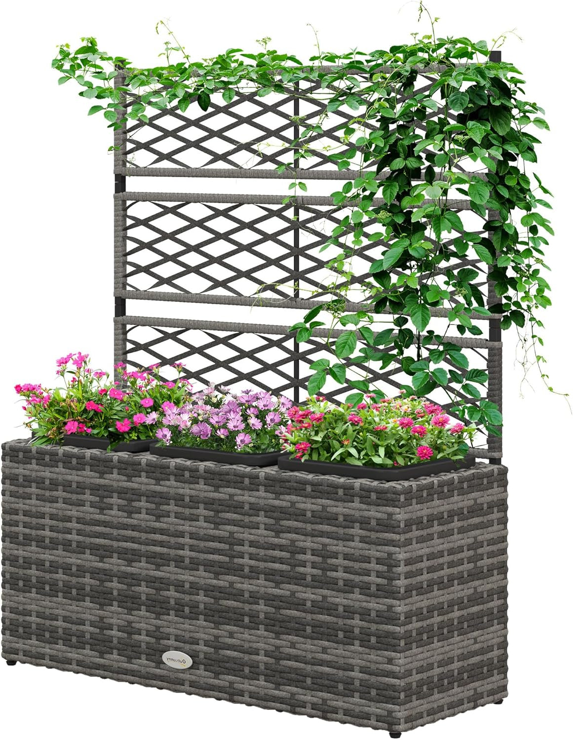 Outsunny 33L Garden PE Rattan Planter Trellis Freestanding Flower Raised Bed for Garden, Garden Planter for Climbing Planter, 84cm x 30cm x 107cm, Light Grey - QUORE