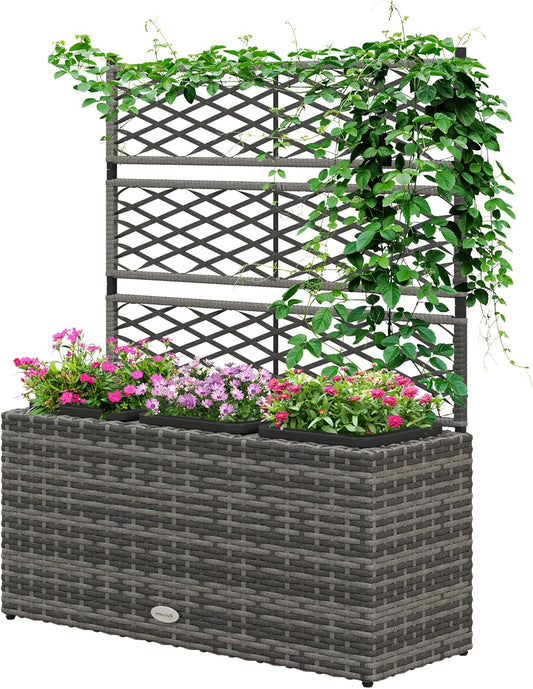 Outsunny 33L Garden PE Rattan Planter Trellis Freestanding Flower Raised Bed for Garden, Garden Planter for Climbing Planter, 84cm x 30cm x 107cm, Light Grey - QUORE