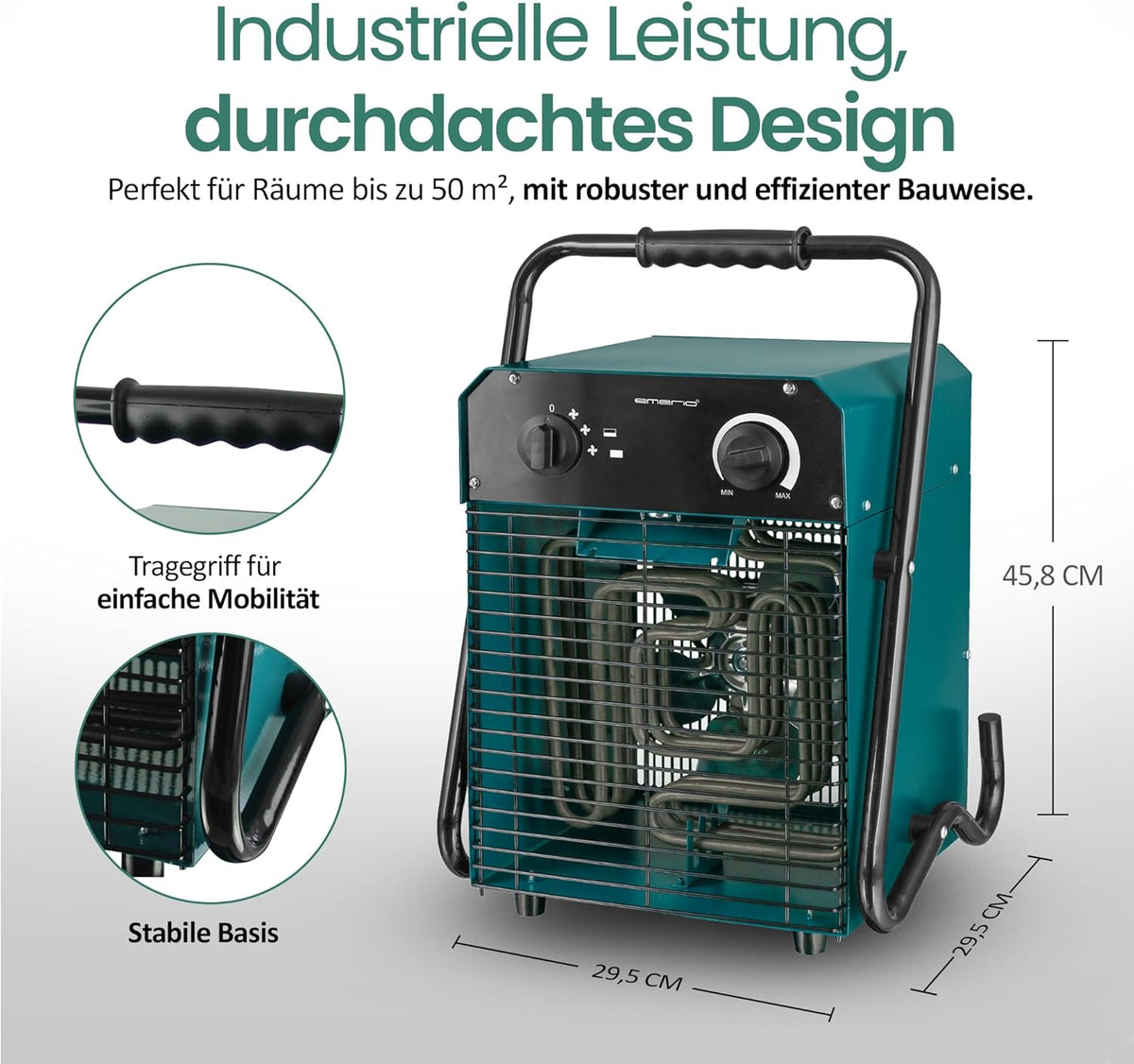 EMERIO Ventilatorkachel, voor ruimtes tot 50 m², IP24, 5000 W krachtstroom, roestvrijstalen verwarmingselement, 2 warmtestanden, instelbare thermostaat, oververhittingsbeveiliging, stabiele