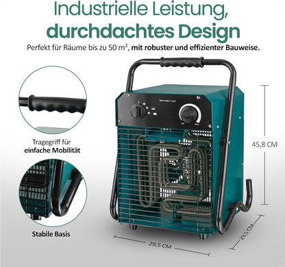EMERIO Ventilatorkachel, voor ruimtes tot 50 m², IP24, 5000 W krachtstroom, roestvrijstalen verwarmingselement, 2 warmtestanden, instelbare thermostaat, oververhittingsbeveiliging, stabiele