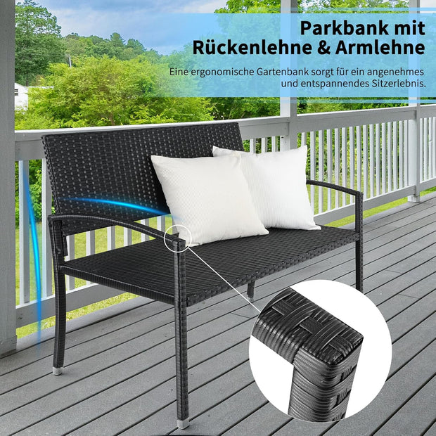 Tuinbank - Buitenbank - Terrasbank - Balkonbank - 2-zitsbank - met Staal Frame - Armsteunen - Tuinmeubelen - voor Tuin - Terras - Balkon - Polyrotan - 122 x 60 x 85 cm - Zwart