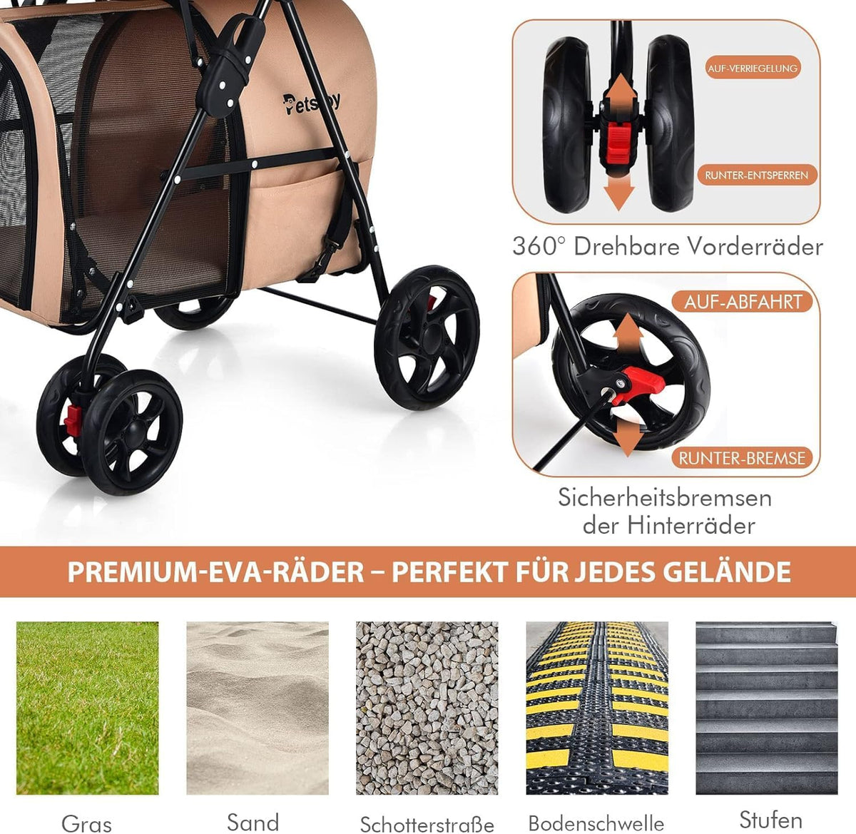 FANTASK Hondenwagen met 2 etages met gaasvensters en bekerhouders, huisdierbuggy tot 16 kg, kattenbuggy voor 2 kleine honden katten, hondenbuggy en aanhanger in beige