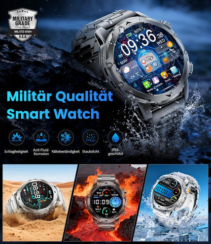Smartwatch voor heren met oproepen/1000 mAh accu voor Android iOS, 1,53 inch HD groot touchscreen, militair smartwatch met 24 uur hartslag/110 sportmodi, IP68 waterdichte zaklamp, fitnesshorloge, 3