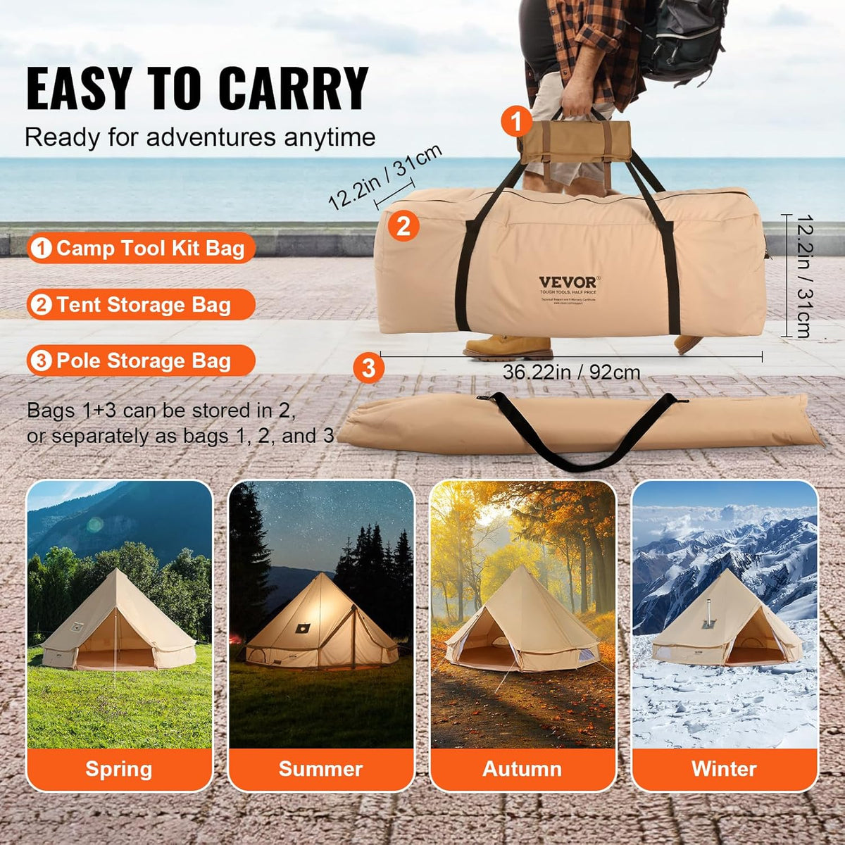 VEVOR Canvas Bell Tent 3-7 m Yurt Tent 4 Seizoenen Familie Camping Tent met Houtkachelgat, Opbergzakken voor Glamping tot 4-12 Personen