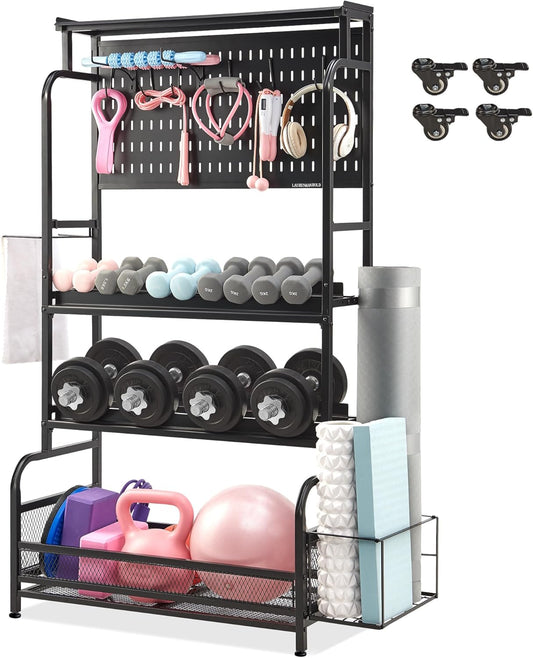 56" Taller Home Gym Storage Organizer, Yoga Mat Storage Rack with Hanging Board, Exercise Workout Equipment Storage Stand for Home Gym, Dumbbell Holder Kettlebell Rack with Wheels and Hooks - QUORE