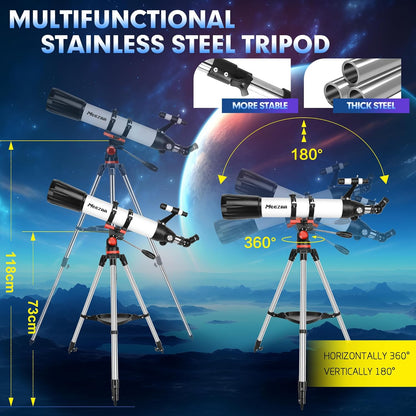 Telescoop, astronomie, volwassenen, professioneel, 90 mm diafragma 800 mm, AZ-standaard, astronomische refractortelescoop voor kinderen, beginners, voor het bekijken van maan en planeten