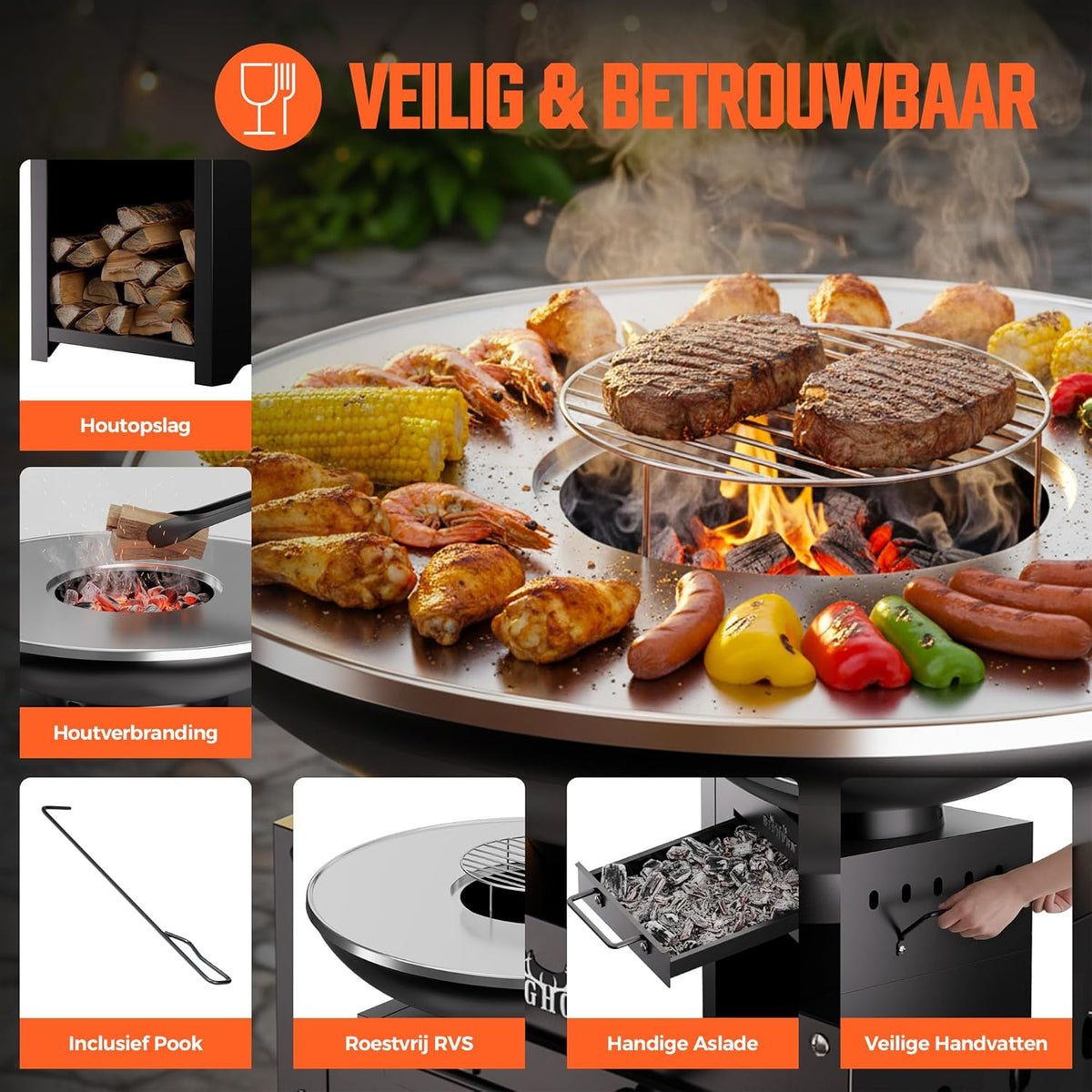 Big Horn Outdoors Plancha Grill Fire Bowl with 60 cm Stainless Steel Teppanyaki and BBQ Grill Plate, Outdoor Kitchen for Garden Party, Camping Outdoor Cooking - QUORE