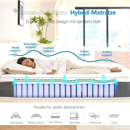 Matras, 120 x 200 cm, 26 cm, H3, hoogte 7 zones, orthopedische pocketveringmatras met Comfort traagschuimlaag, Öko-Tex gecertificeerd, 101 nachten proefslapen