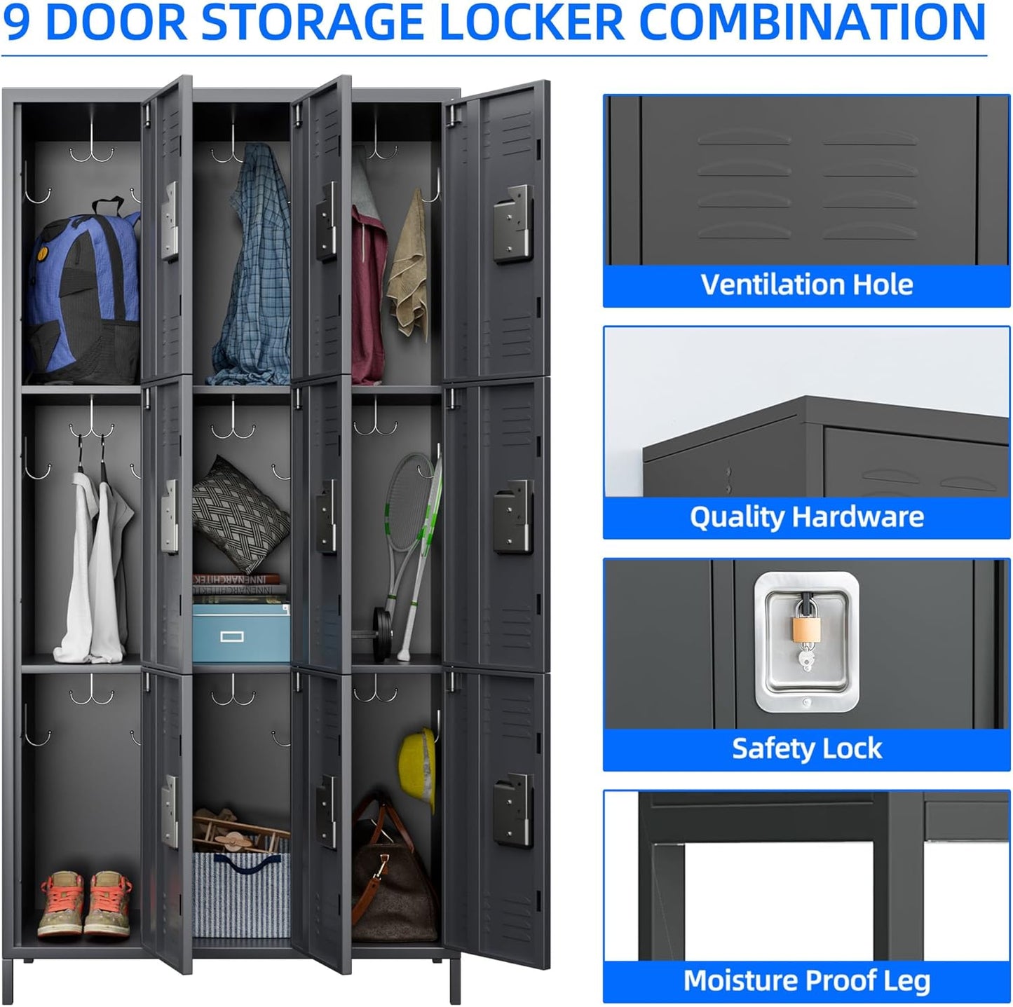 9-Compartment Metal Locker, Metal Wardrobe with Ventilation Slots for Workers, Sports Hall, School, Office (Dark Grey) - QUORE