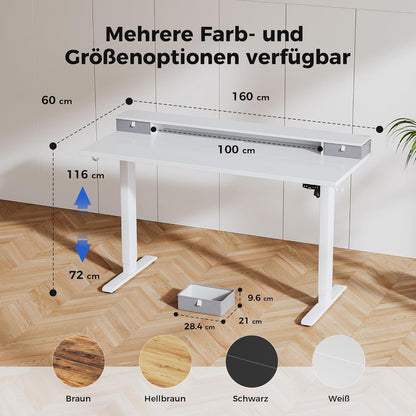 Agilestic In hoogte verstelbaar bureau met twee laden, 160 x 60 cm, elektrische computertafel met geheugenfunctie, kantoor- en thuisbureau, wit