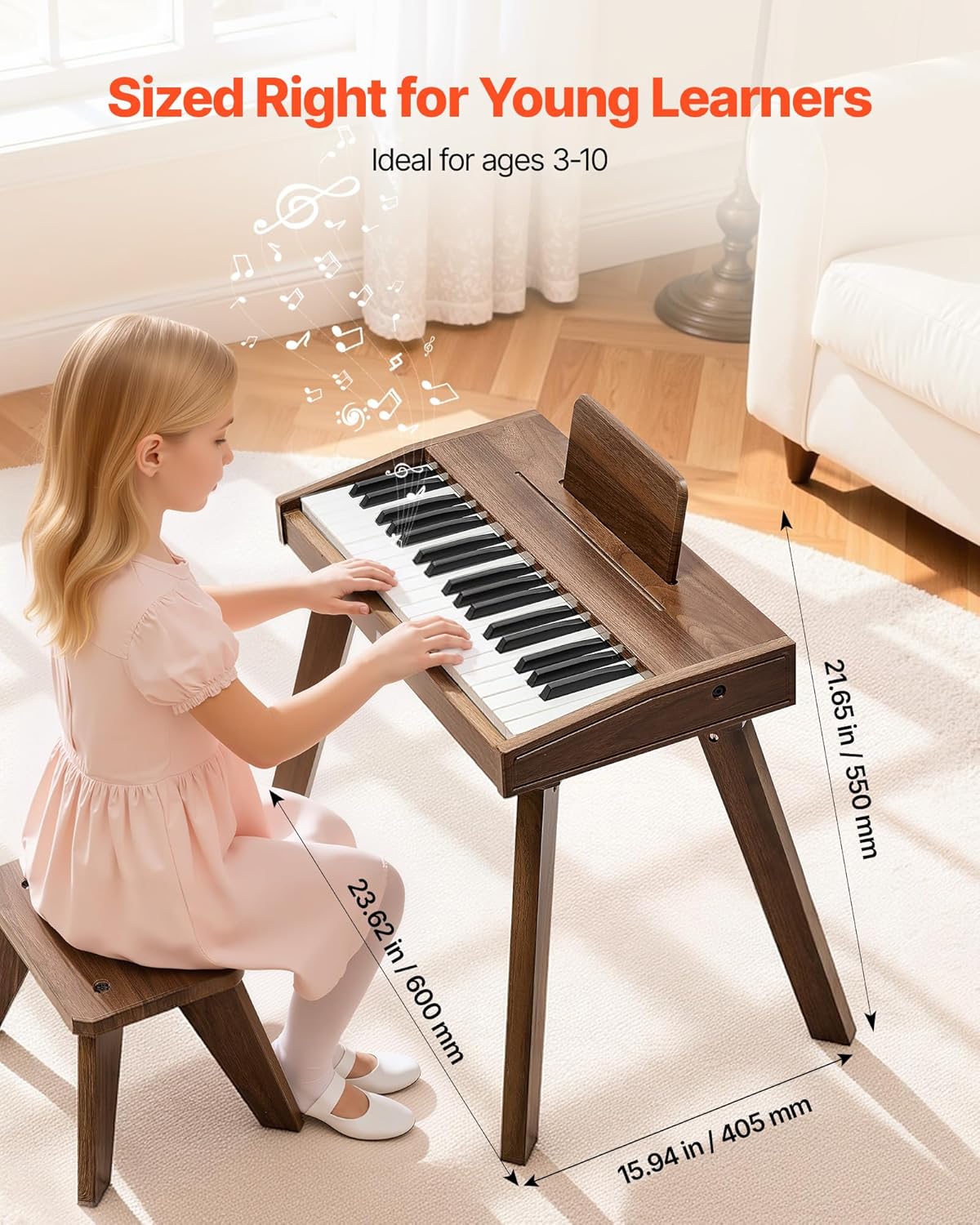 Toetsenbord Voor Kinderen Walnoot – Kinderpiano – Speelgoedpiano – Houten Piano – Mini Piano – 37 Toetsen – USB-C En Batterijen