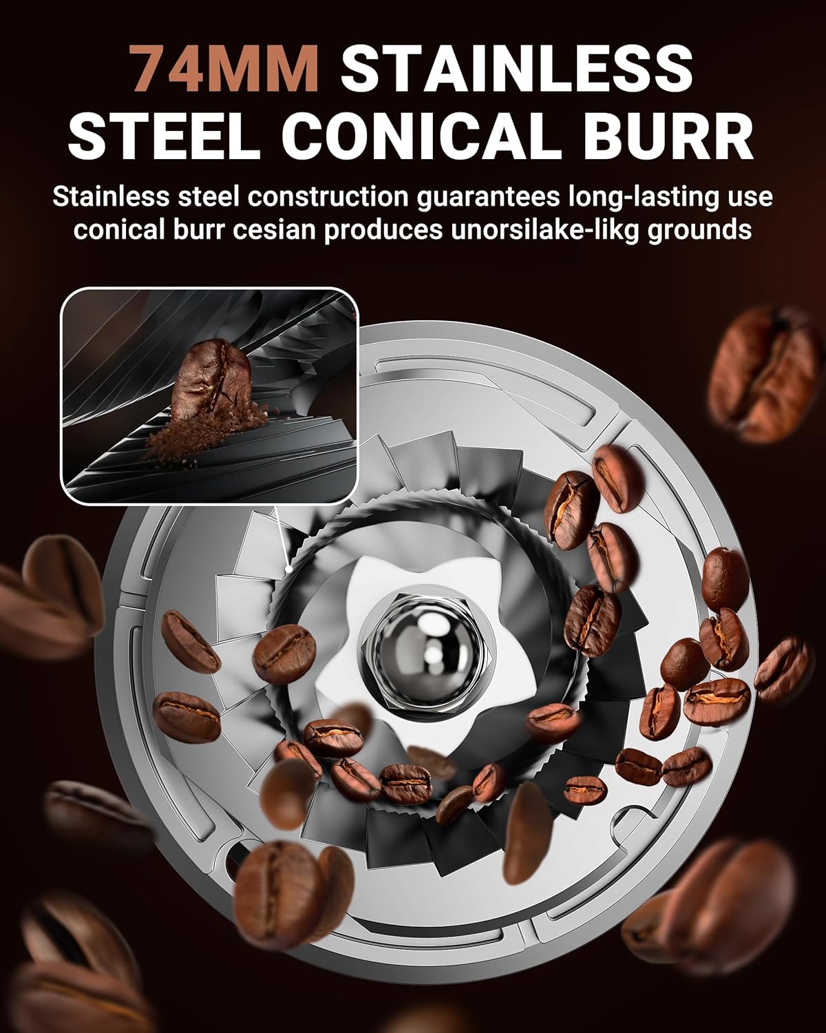 AMZCHEF Elektrische koffiemolen met afneembare houder en gemalen koffiecontainer | LED Touch Panel | 24 nauwkeurige maalinstellingen Elektrische Molen voor espresso/druppelaar/overgieten/French Press