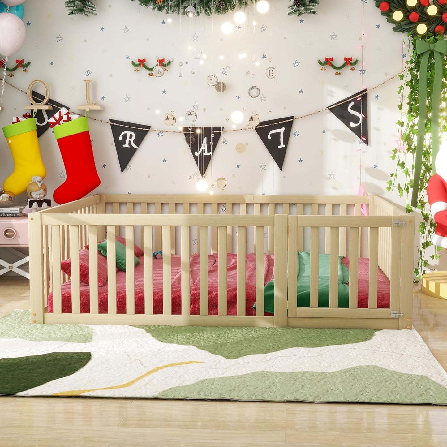 Bedframe Kinderbed - Peuterbed - Vloerbed - Kinderbox - Inclusief Uitvalhekje - Kinderkamer - Multiplex -  140 x 200 x 60 cm - Hout