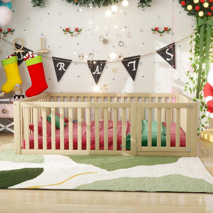 Bedframe Kinderbed - Peuterbed - Vloerbed - Kinderbox - Inclusief Uitvalhekje - Kinderkamer - Multiplex -  140 x 200 x 60 cm - Hout