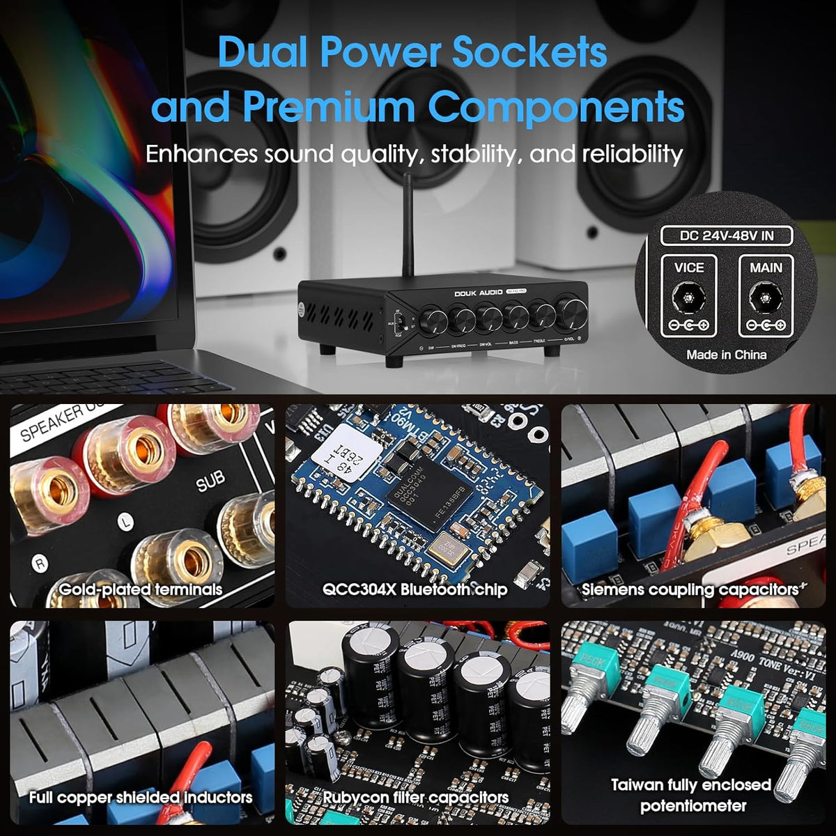 DoukAudio 2.1-kanaals versterker met Bluetooth: twee TPA3255 chips, aptX-HD, 300W subwoofer en 48V voeding voor audiofiele (NS-14G Pro)