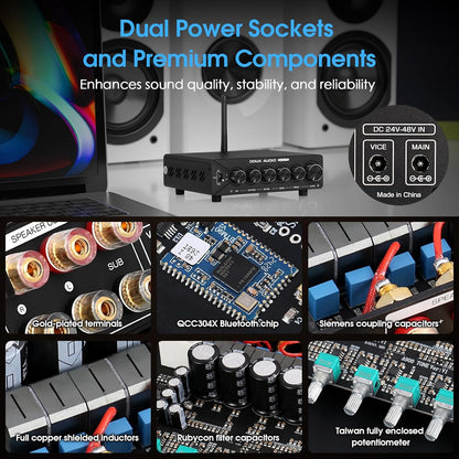 DoukAudio 2.1-kanaals versterker met Bluetooth: twee TPA3255 chips, aptX-HD, 300W subwoofer en 48V voeding voor audiofiele (NS-14G Pro)