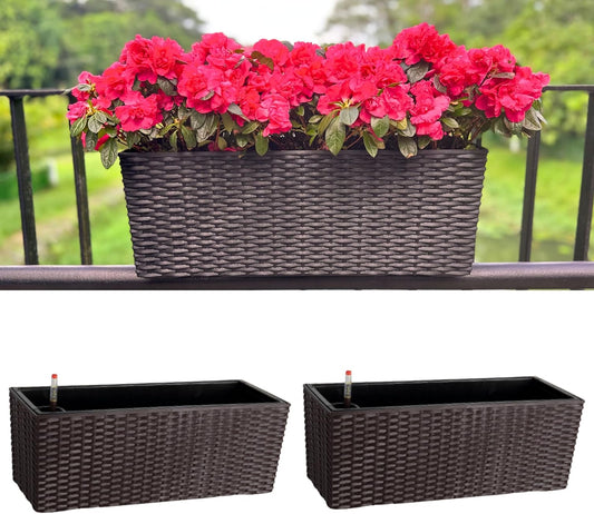 LaLaGreen Outdoor Rail Planter for Balcony (2 Pieces, 50 cm) Large Black Self-Watering Railing Planters with Brackets, Rectangular Plastic Window Flower Box Fence Designer Choice with Rattan Pattern - QUORE