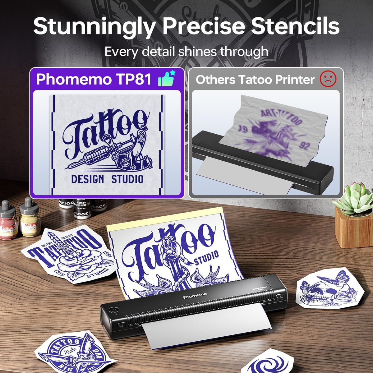 Phomemo TP81 Tattoo Printer with 4 Tattoo Gel and 20 Pieces Tattoo Transfer Paper Stencil Printer for Artists and Beginners Templates Printer Machine Compatible with Phone PC - QUORE