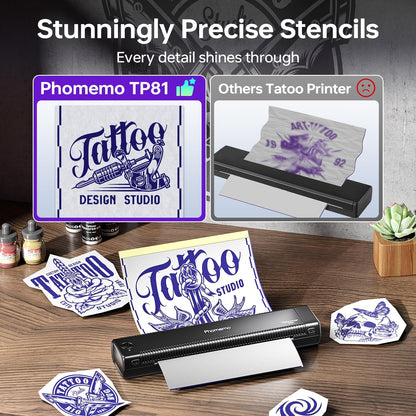 Phomemo TP81 Tattoo Printer with 4 Tattoo Gel and 20 Pieces Tattoo Transfer Paper Stencil Printer for Artists and Beginners Templates Printer Machine Compatible with Phone PC - QUORE