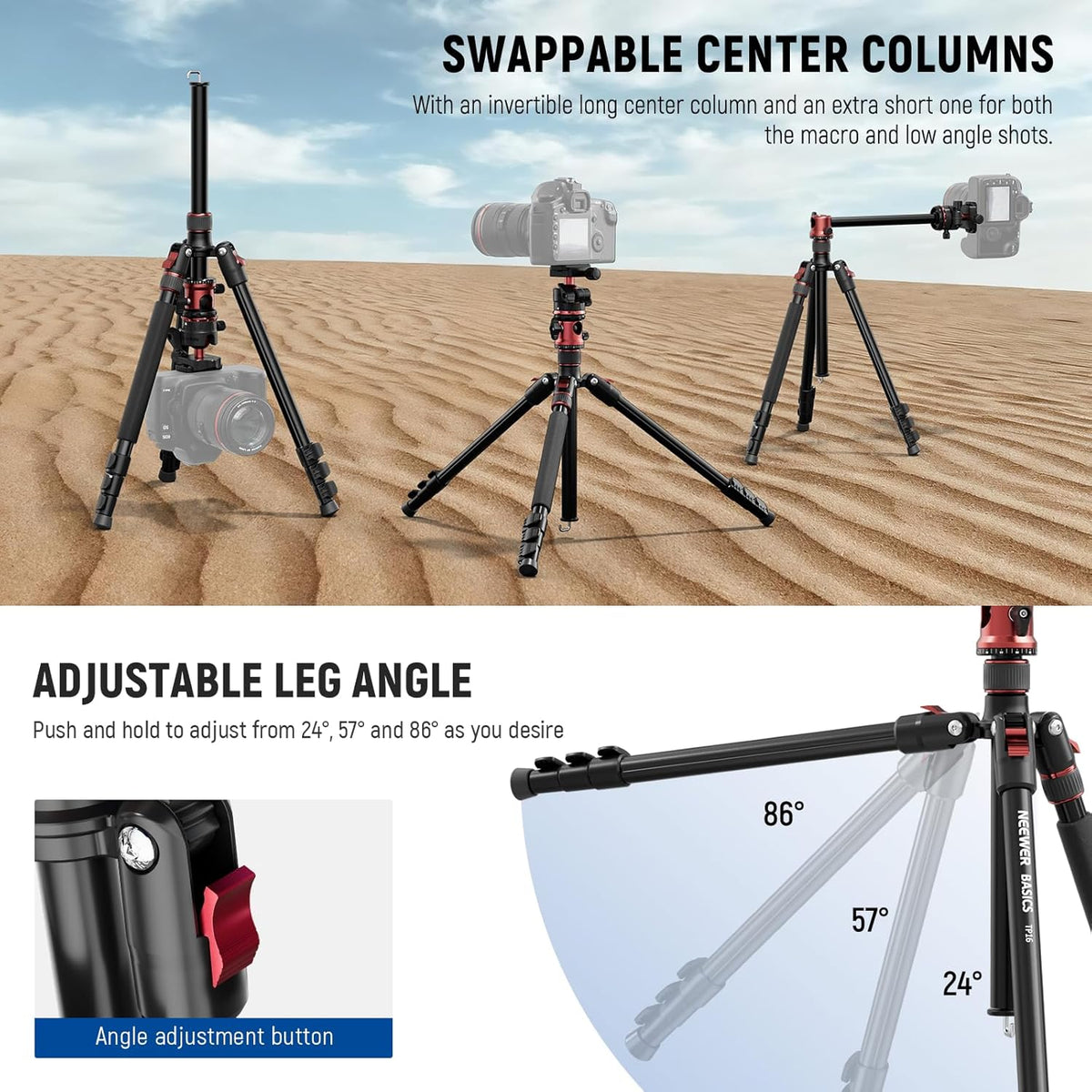 Camerastatief – Fotostatief – Videostatief – Tripod – Monopod – Verstelbare Middenkolom 180° en 360° Kogelkop – Tot 180,1 Cm, 8 Kg Draagvermogen