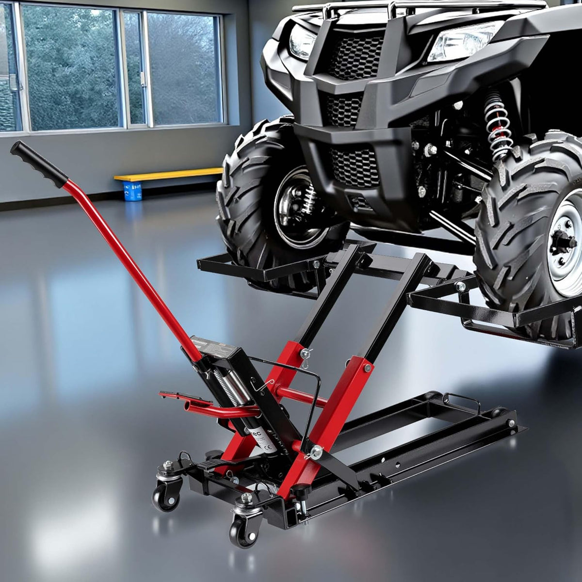 Wiltec 3-in-1 hydraulische lift voor zitmaaiers en motorfietsen, motorlift tot 300 kg, machinekrik met een hefhoogte tot 53 cm, mobiele zitmaaierkrik voor grasmaaiers, motoren, ATV's