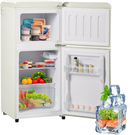Compact retro refrigerator with freezer compartment, 60 litres total volume (22 l freezer/38 l refrigerator compartment), energy class E, cream white, 89 cm height, quiet 45 dB, 7 temperature levels - QUORE