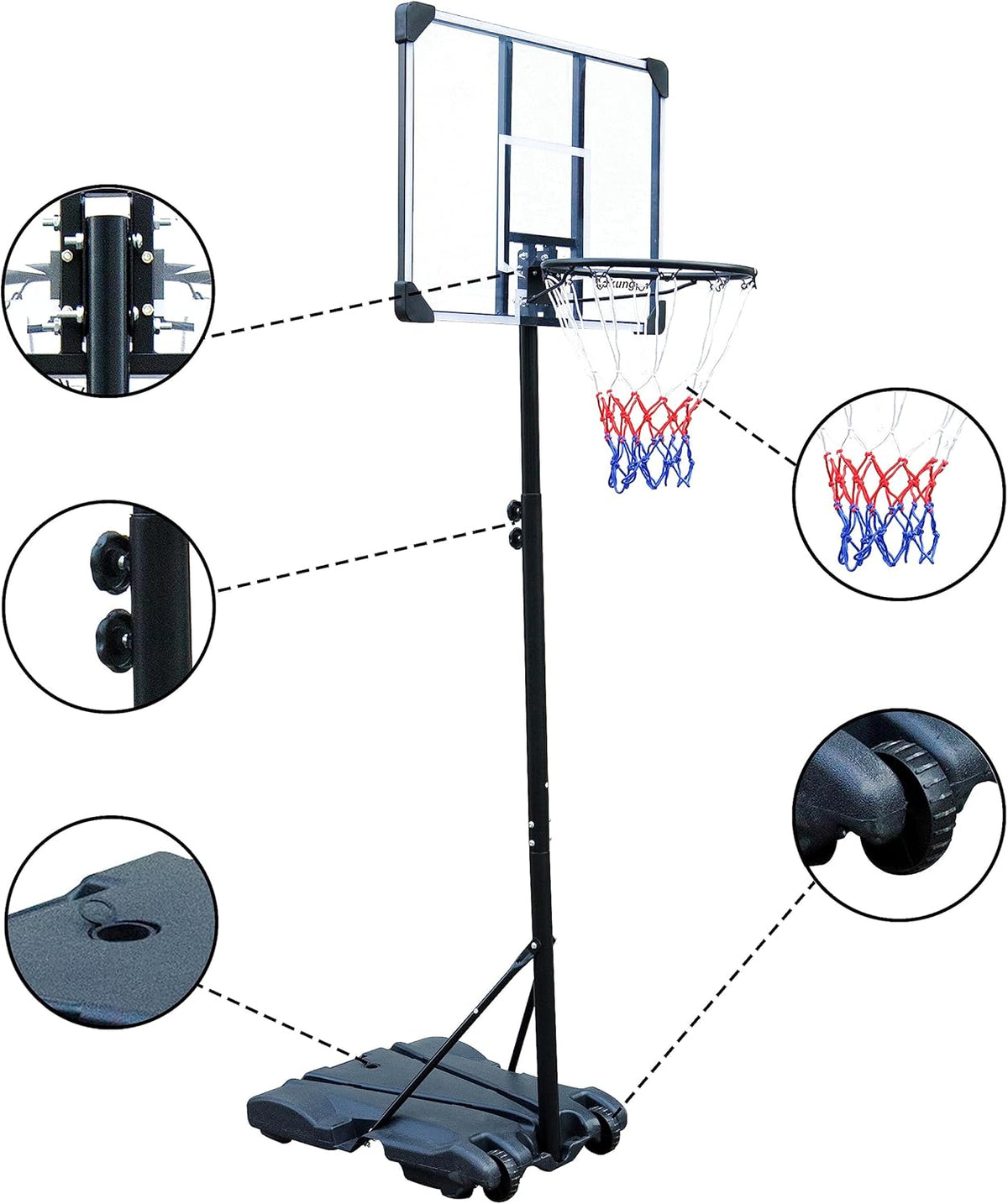 HIONRE Draagbare 7ft Basketbal Transparante Backboard Hoop Net Set Professionele Outdoor Basketbal Stand met Wielen, Verstelbare Hoge 165cm-213cm, Zwart