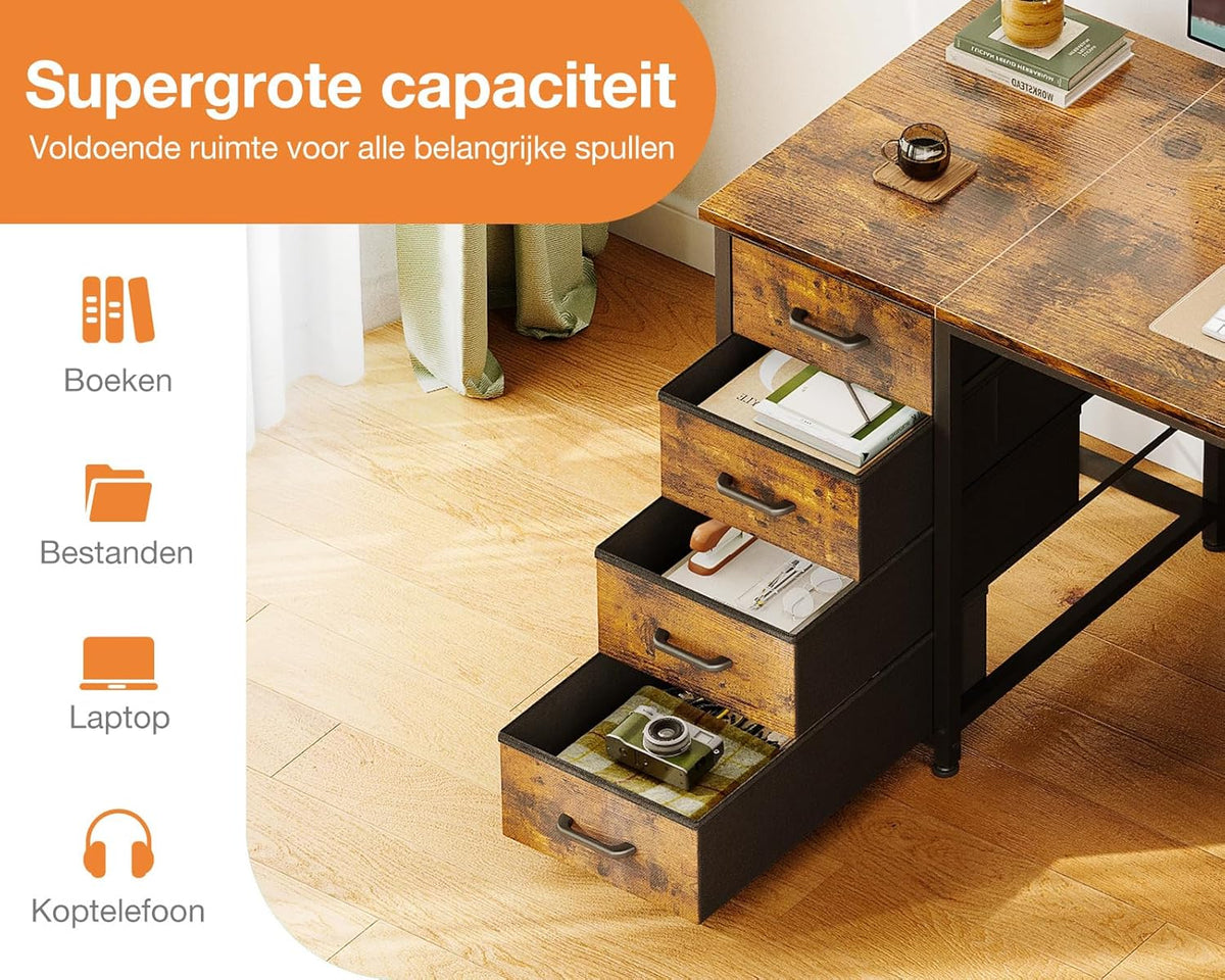 Coleshome Bureau met 8 Stoffen Laden, 140 x 48 cm, Bruin Bureau met Opbergruimte, Computertafel, Bureautafel, PC-Tafel, Kantoortafel voor Kantoor, Woonkamer, Thuiskantoor