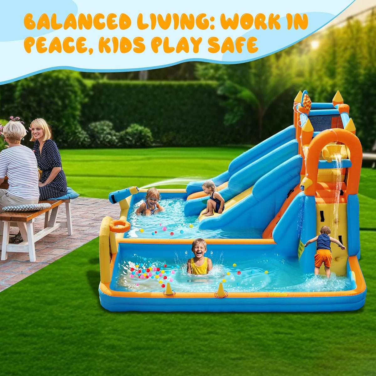 FOOING Opblaasbaar waterglijkasteel met 2 glijbanen, klimwand, basketbalhoepel, springhuis voor kindertuin, springkasteel voor zomer, buitenzwembad, feest met veiligheidsnet