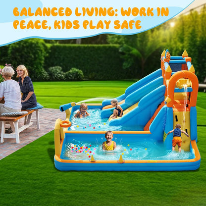 FOOING Opblaasbaar waterglijkasteel met 2 glijbanen, klimwand, basketbalhoepel, springhuis voor kindertuin, springkasteel voor zomer, buitenzwembad, feest met veiligheidsnet