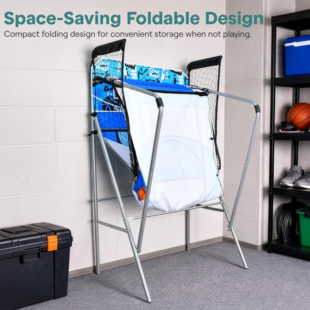 SereneLife Arcade Basketball Game Basketball Vending Machine- Heavy Folding Double Hoop with Electronic Scoreboard- Playtime Clock- Blue - QUORE