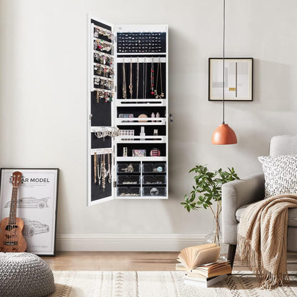 FANTASK Hangende sieradenkast, simpelkast met ledverlichting, spiegel en 6 laden, hangkast voor deur- en wandmontage, sieradenkast voor het opbergen van sieraden en cosmetica, wit