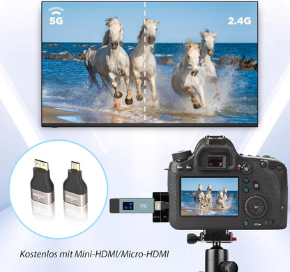 Draadloze HDMI-zender en ontvanger, 30 m stabiele verbinding, 2,4 G/5 G draagbare HDMI draadloos met led-scherm, plug & play voor streaming video, audio file van, laptop, pc naar HDTV, projector.