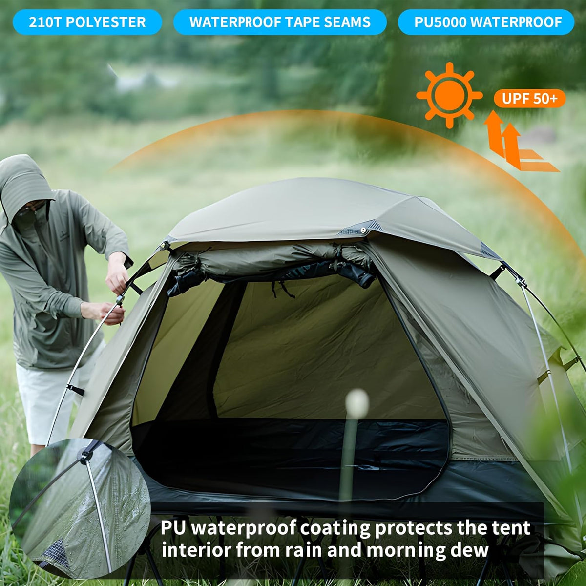1 Man Oasis Tent 2 kg ultralicht, 7001 aluminium stangen, PU5000 waterdicht met 210T polyester, één-in-één ontwerp, compacte backpacktent met ventilatieramen, voor wandelen, vissen, reizen
