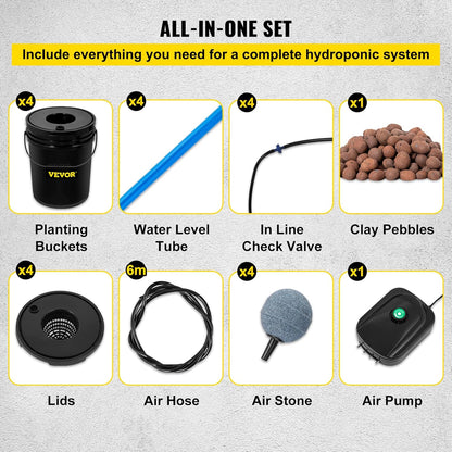 Hydrocultuur Systeem – Diepe Watercultuur – Kweekemmer Set – Kweekkit – DWC Kweekset – 4 Emmers 23L PP – 8W Luchtpomp Met Waterniveau-indicator